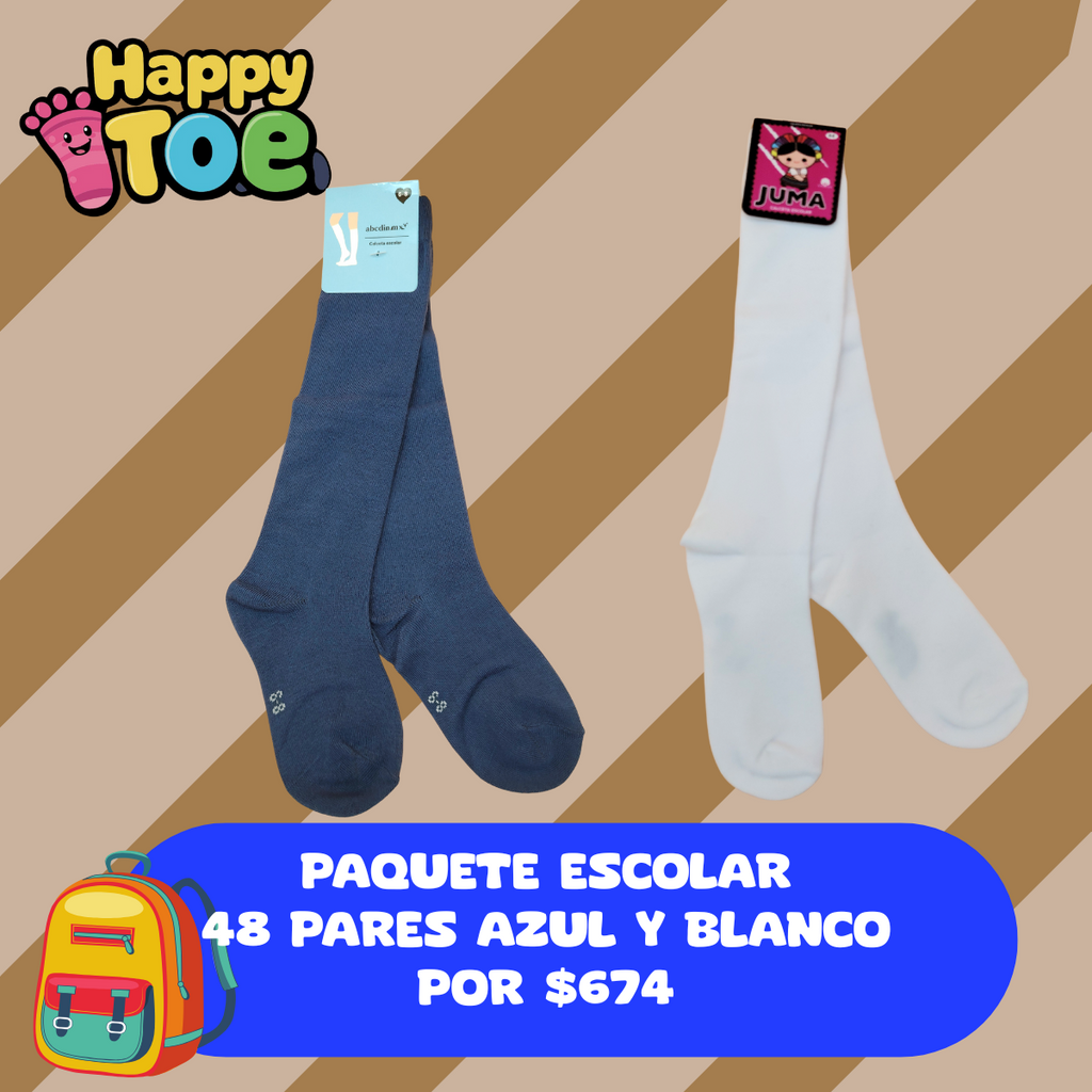 PAQUETE EMPRENDEDOR ESCOLAR AZUL Y BLANCO PARA TODAS LAS EDADES, 48 PARES DE CALCETINES POR SOLO $674