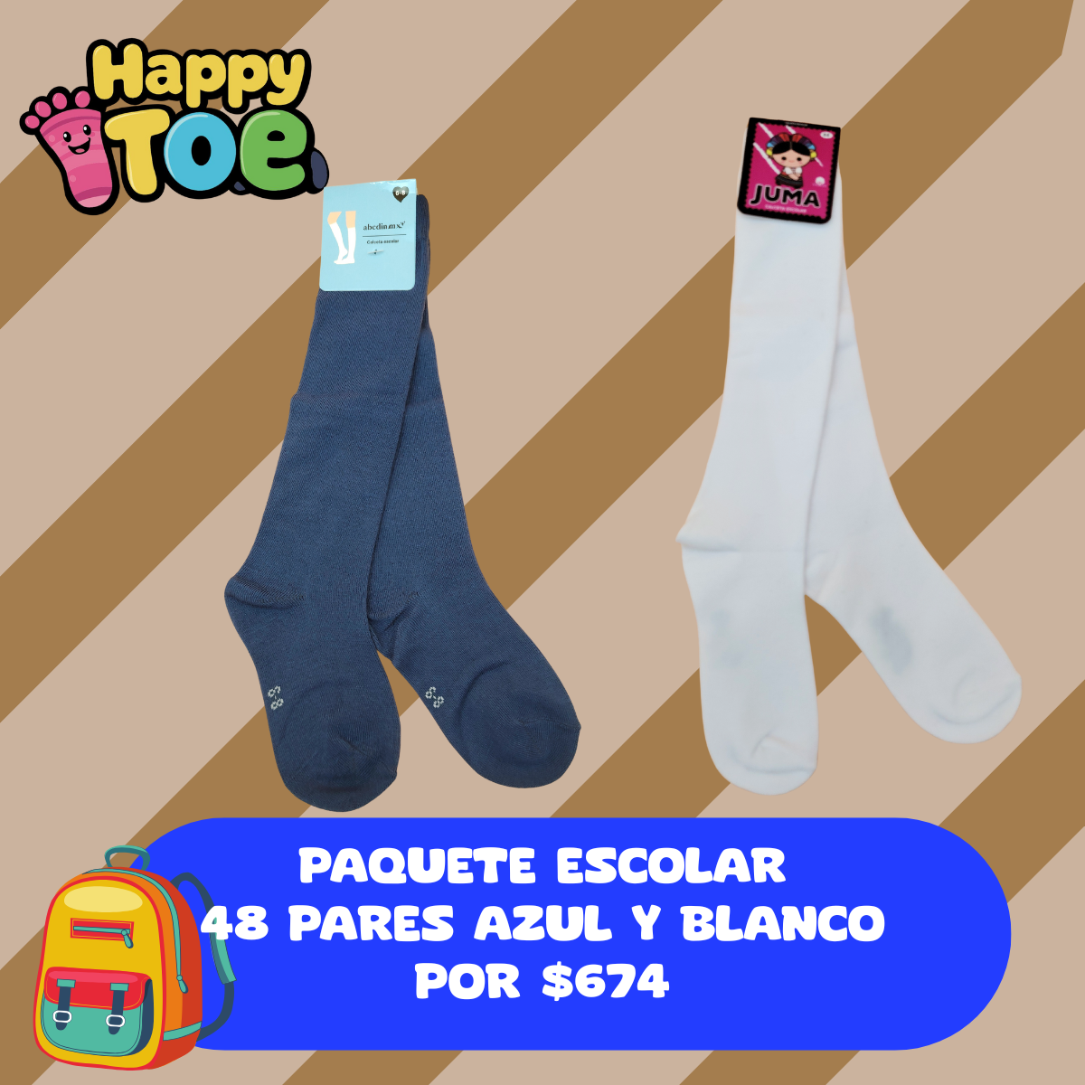 PAQUETE EMPRENDEDOR ESCOLAR AZUL Y BLANCO PARA TODAS LAS EDADES, 48 PARES DE CALCETINES POR SOLO $674